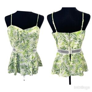 ✅ NWT Cliche Green Leaf Print back zipper peplum hem spaghettini strap top sz 8